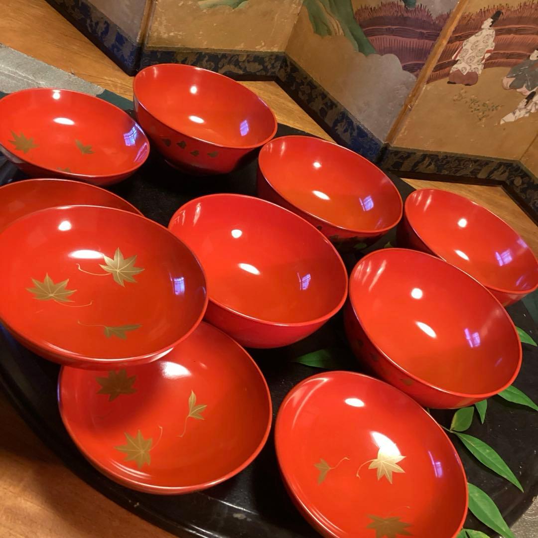 A902木製輪島塗　懐石道具　赤　古典風景蒔絵　　『塗師銘仁左衛門』　５客