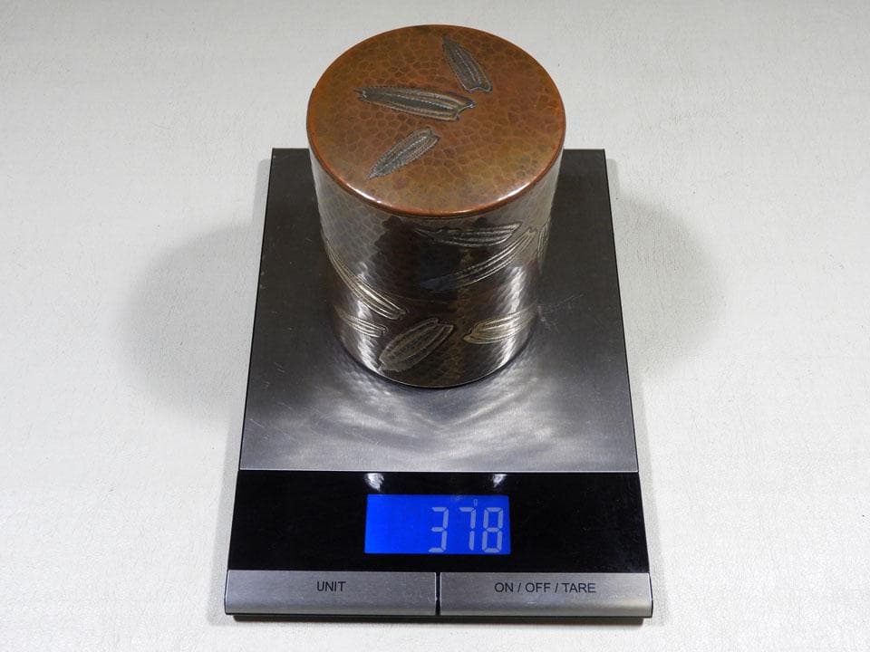 ●玉川堂 笹文 揃い 茶筒 + 茶托五客 鎚起銅 銅製 銅器 黄布 栞 共箱入り