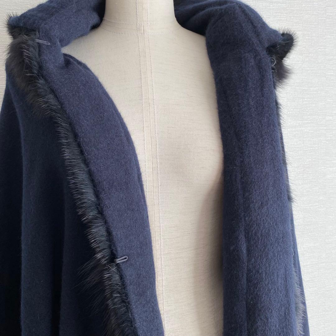 未使用 ティエドゥール ミンク＆フォックス トリミング カシミヤ フード付ケープ