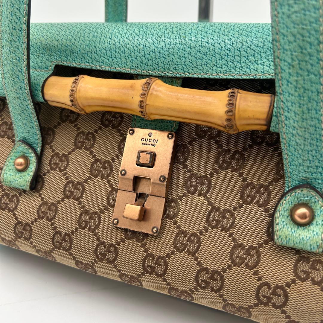 【美品】グッチ バンブー ショルダーバッグ GGキャンバス レザー ターコイズ