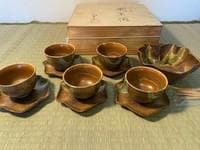 織部焼「織部流し」　（茶菓揃　彩堂窯彩杢作）