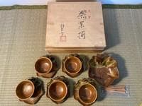 織部焼「織部流し」　（茶菓揃　彩堂窯彩杢作）