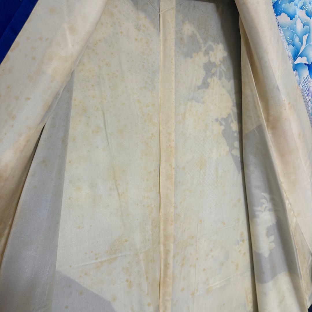 5k3200 振袖　正絹　袷　大振袖　青　白　銀色　花柄　和装　着物