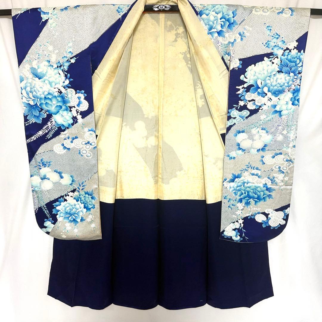 5k3200 振袖　正絹　袷　大振袖　青　白　銀色　花柄　和装　着物