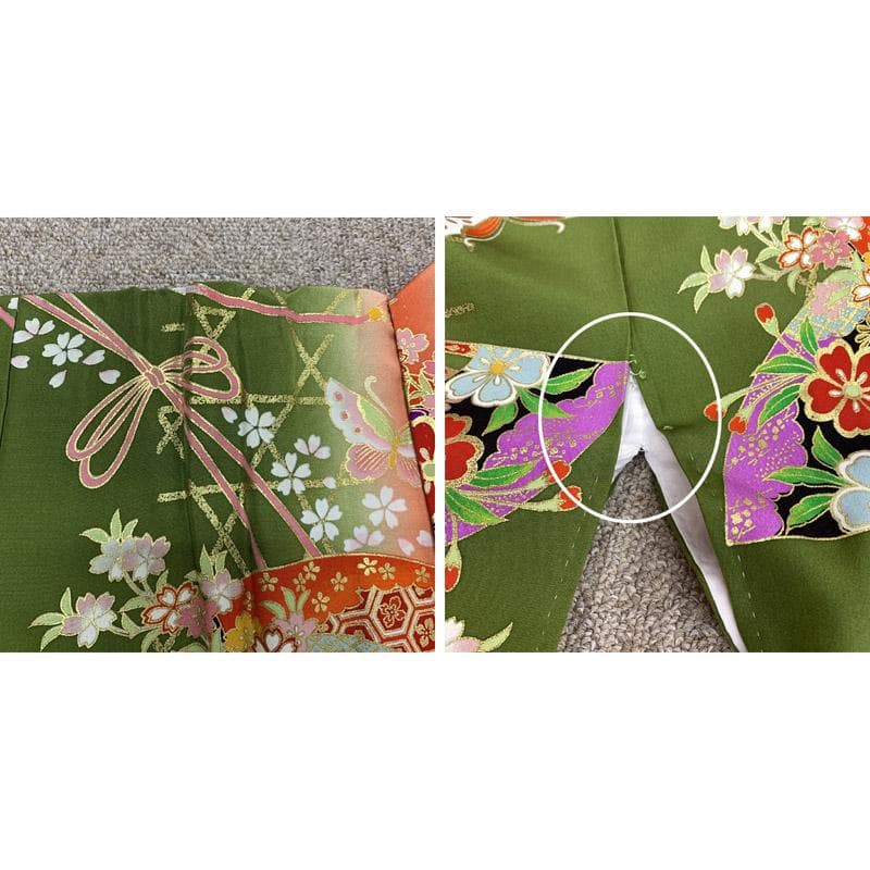 506ag29■七五三 七歳 女児 着物&袋帯 扇 蝶 金彩■状態良好