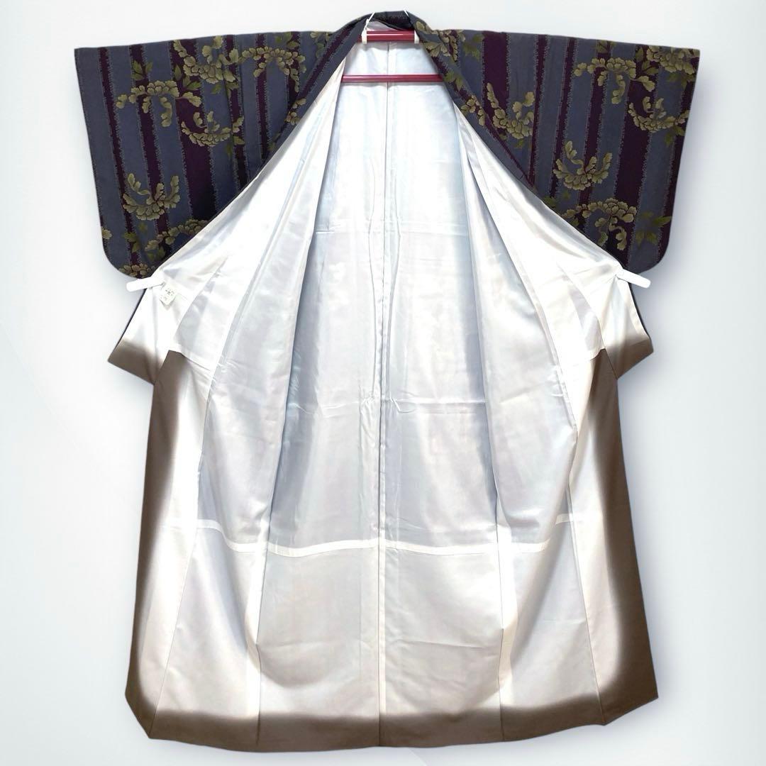 【美品✨】撫松庵　洗える着物　小紋　牡丹　縦縞　灰紫　灰青紫　アンティーク調I3