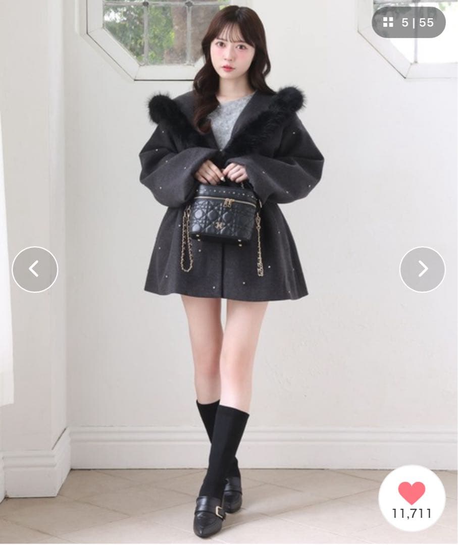 美品　ワンアフターアナザーナイスクラップ　グレー　ビジュー付きミドルコートフリー