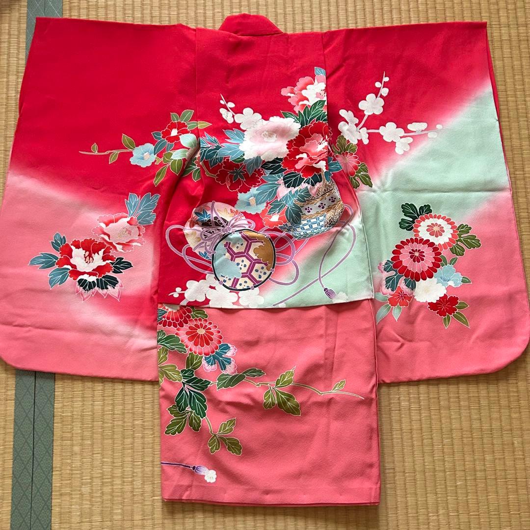 七五三 3歳 着物 被布 絹 三歳 赤 ピンク 753 子供着物