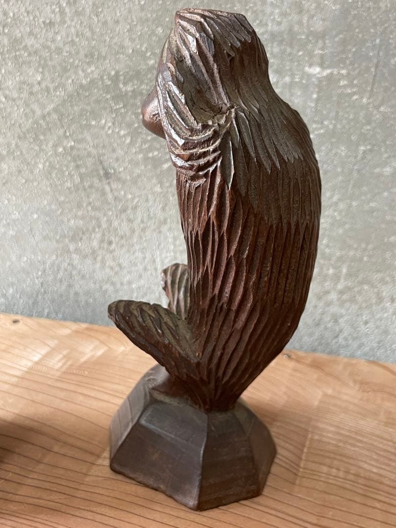 木彫り　さる　置物【m551 骨董　レトロ　見猿　モンキー　木工細工】