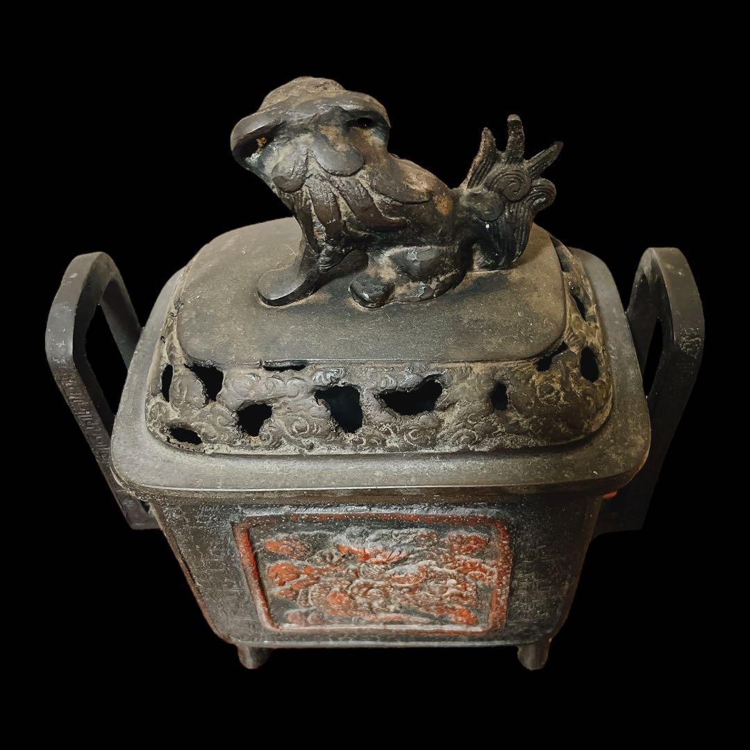 大日本文政年整珉 銅製 獅子摘み 耳付 香炉 香道具獅子 村田整珉