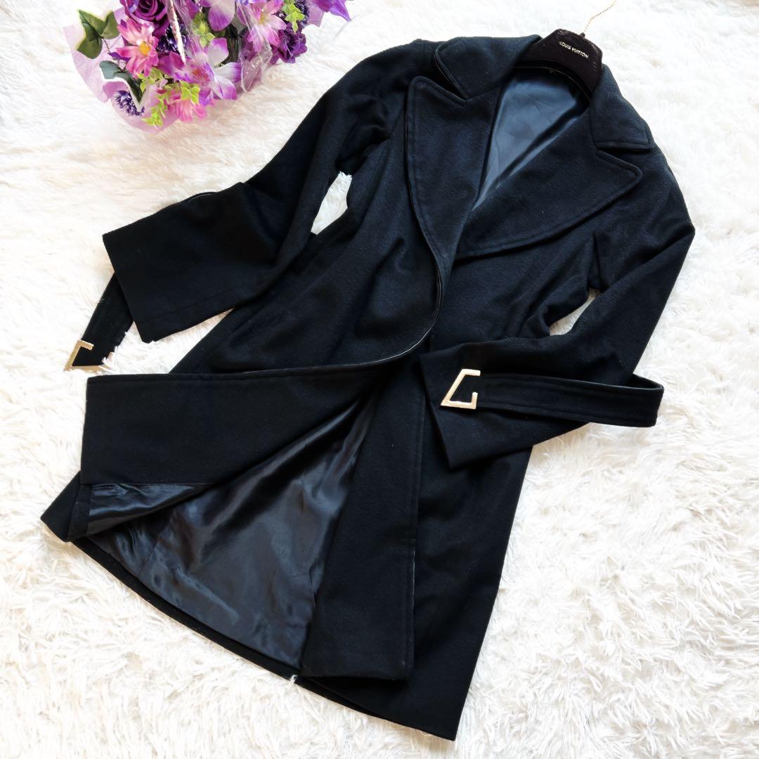 良品　GUCCI グッチ　女優襟　ラップ　コート レザートリミング ベルト付