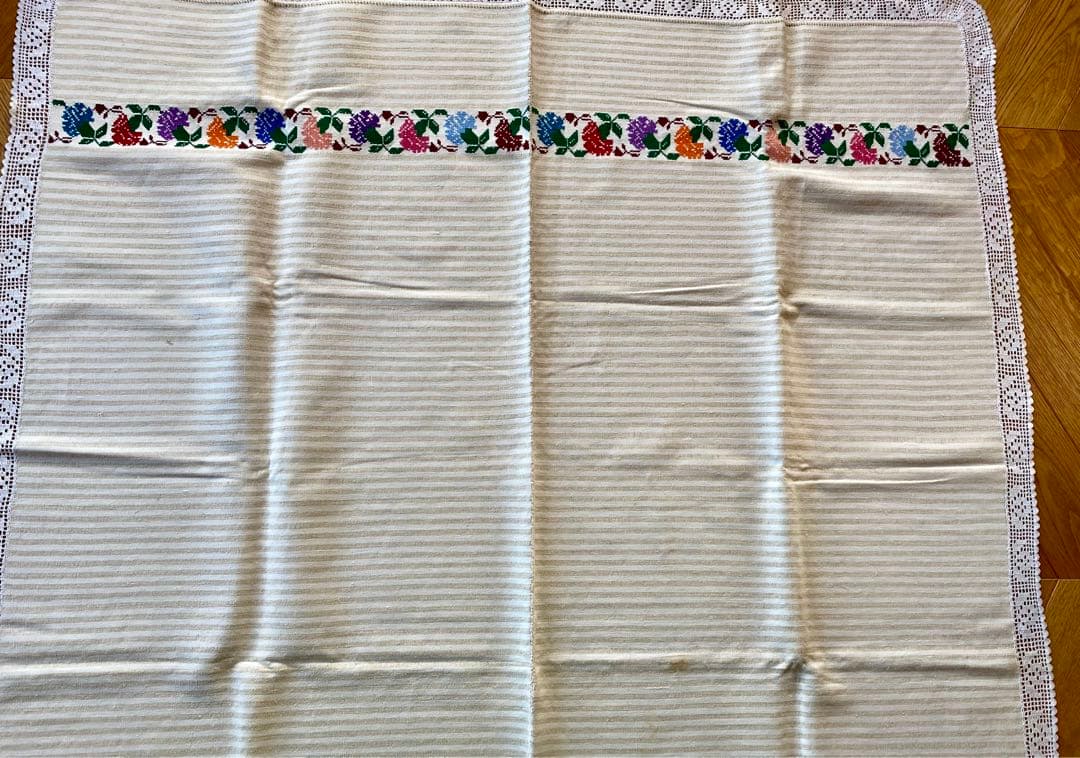 フランスアンティーク クロスステッチ コットンリネン ボーダー マルチクロス