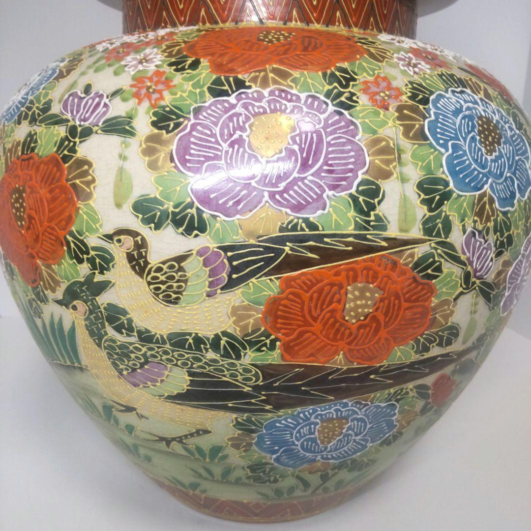 骨董 大型 薩摩焼 白薩摩 丸十字家紋 色絵金彩花 沈香壺 花瓶 年代物