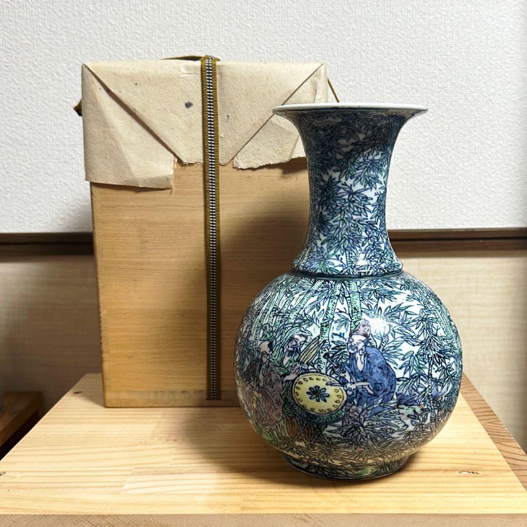 【サンシャイン】【五代清風与平】磁彩群仙図 花瓶 京焼 細密画 花生け