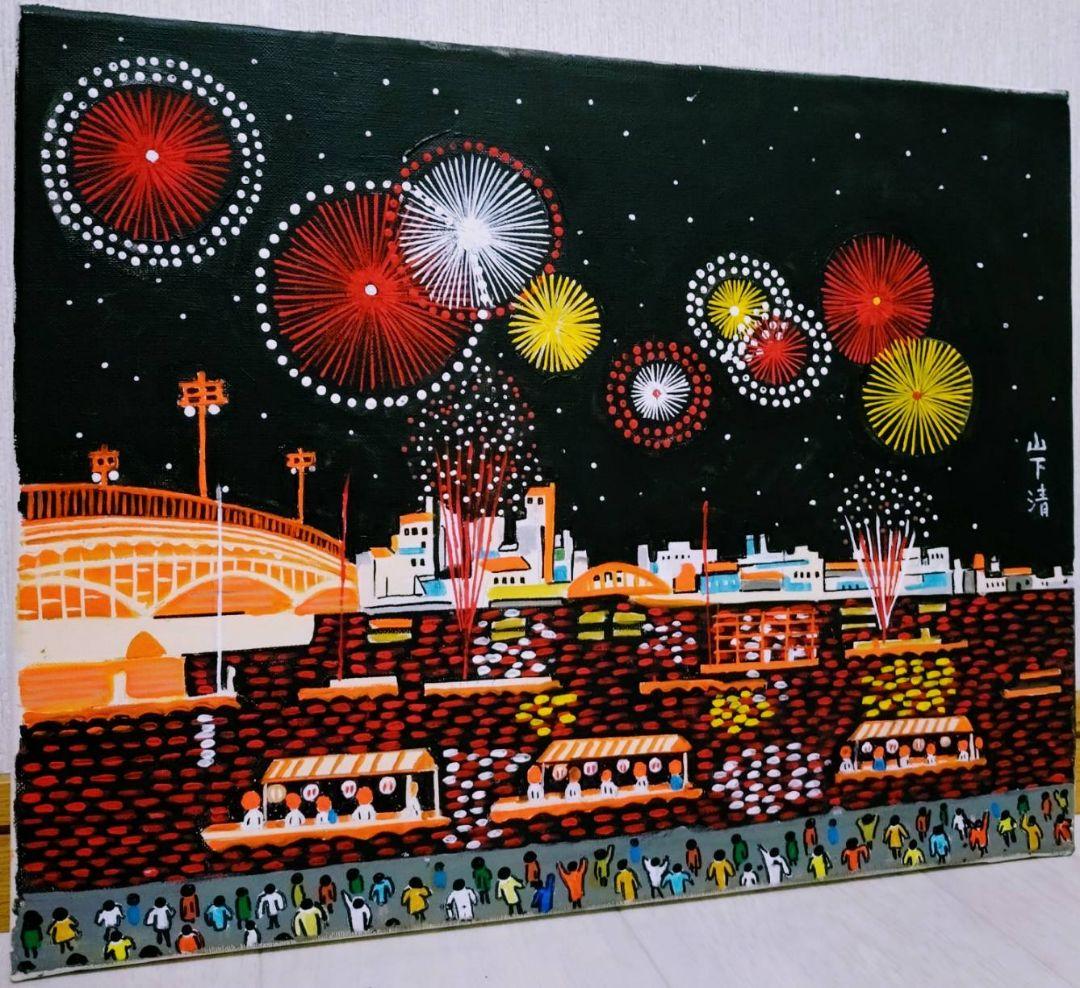 【F6号】山下清【両国の花火】手描き/表裏サイン・共シール有り/油彩/油絵/額縁