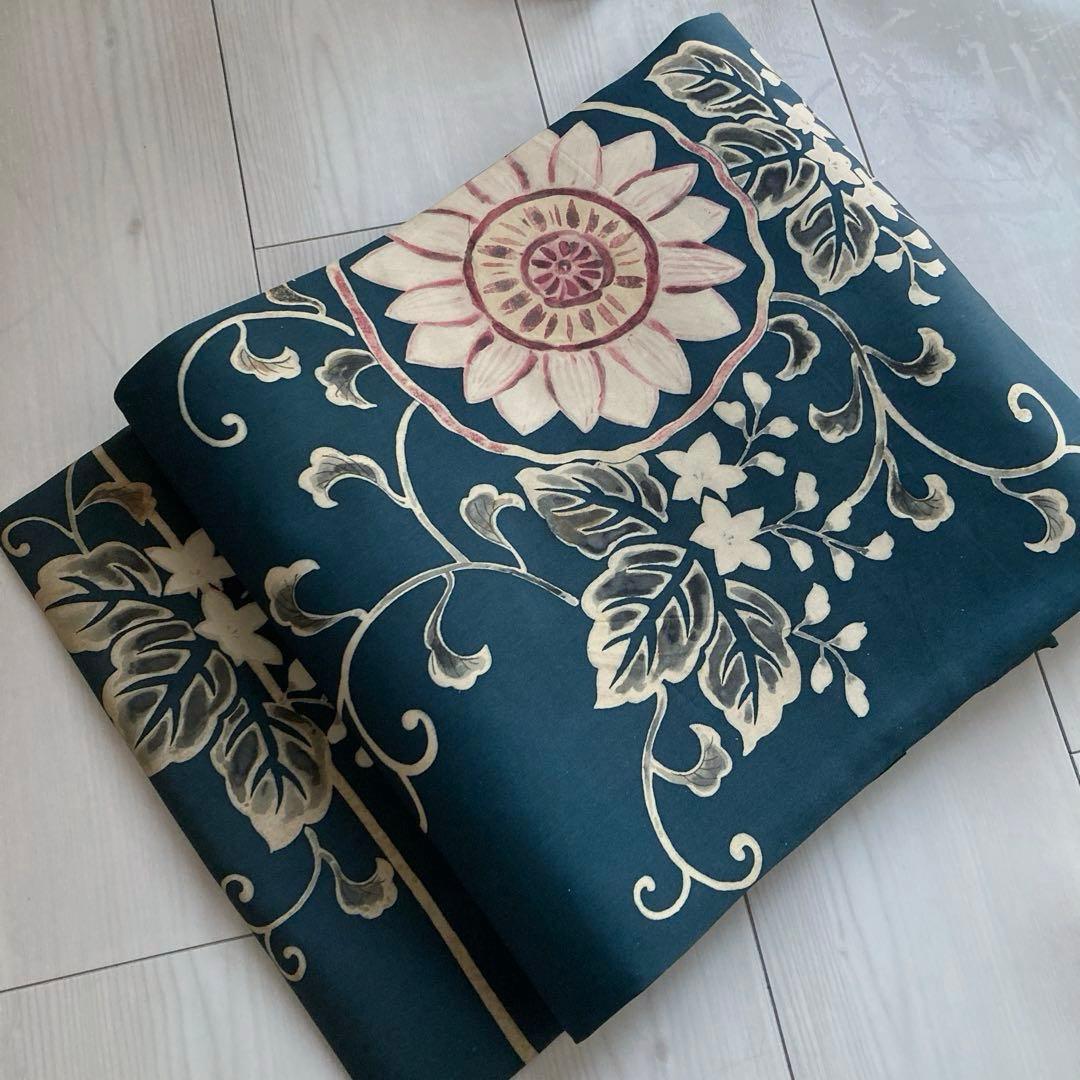 塩瀬の名古屋帯　レトロな向日葵　花唐草模様　上質　正絹　青緑　No2-22