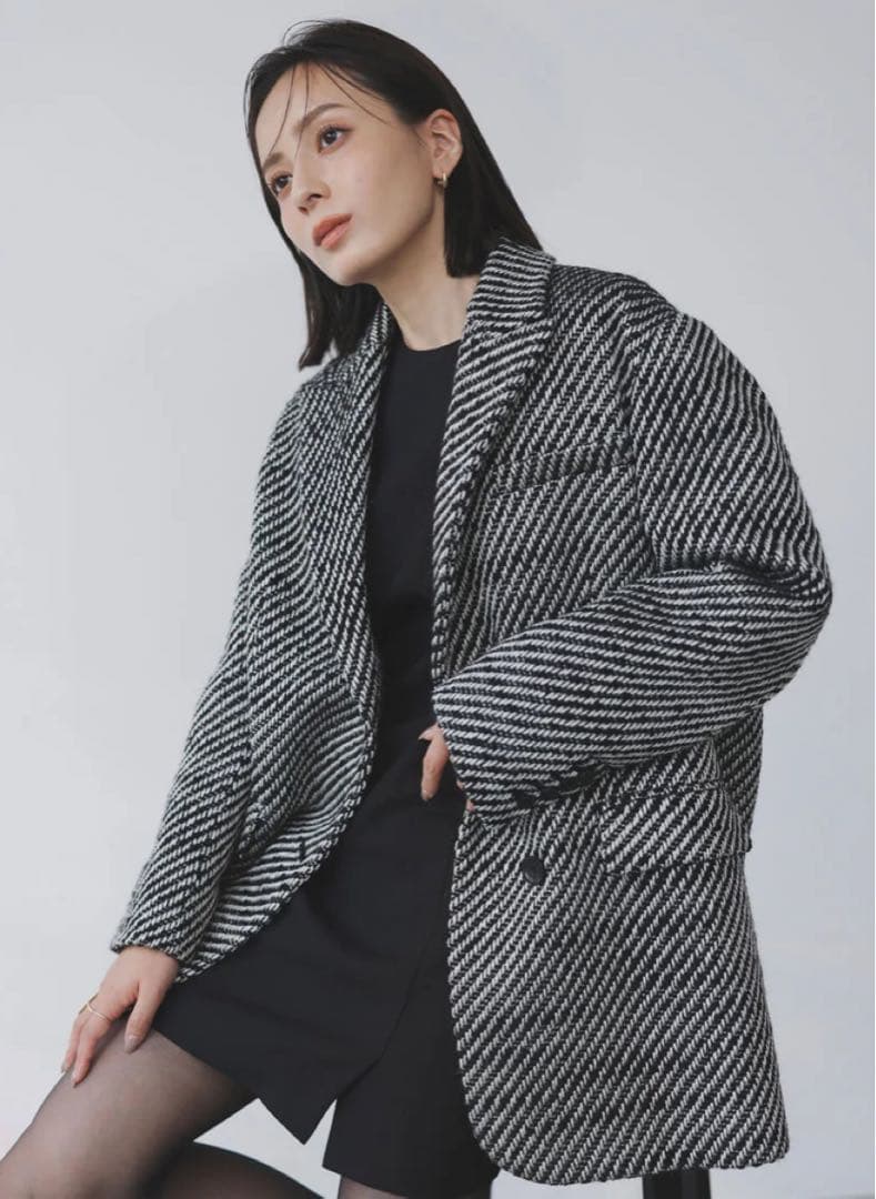 アニュアンス ツイードウールジャケットコート ブラック