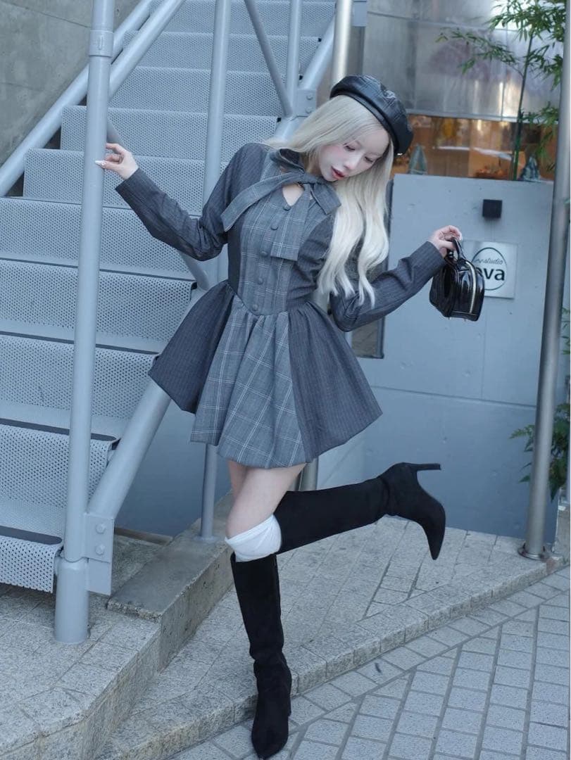 チェックストライプバルーンミニワンピース GRY FREEサイズ ノベルティ付き