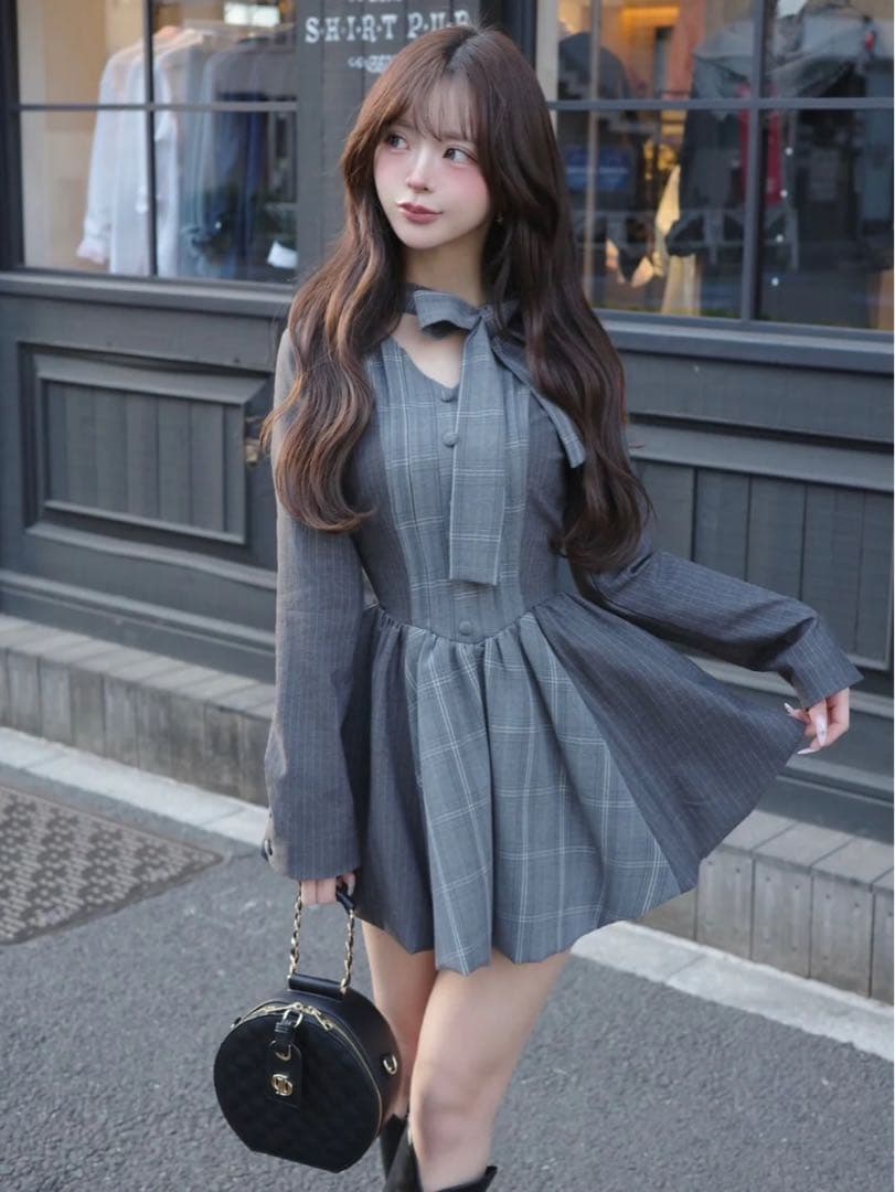 チェックストライプバルーンミニワンピース GRY FREEサイズ ノベルティ付き
