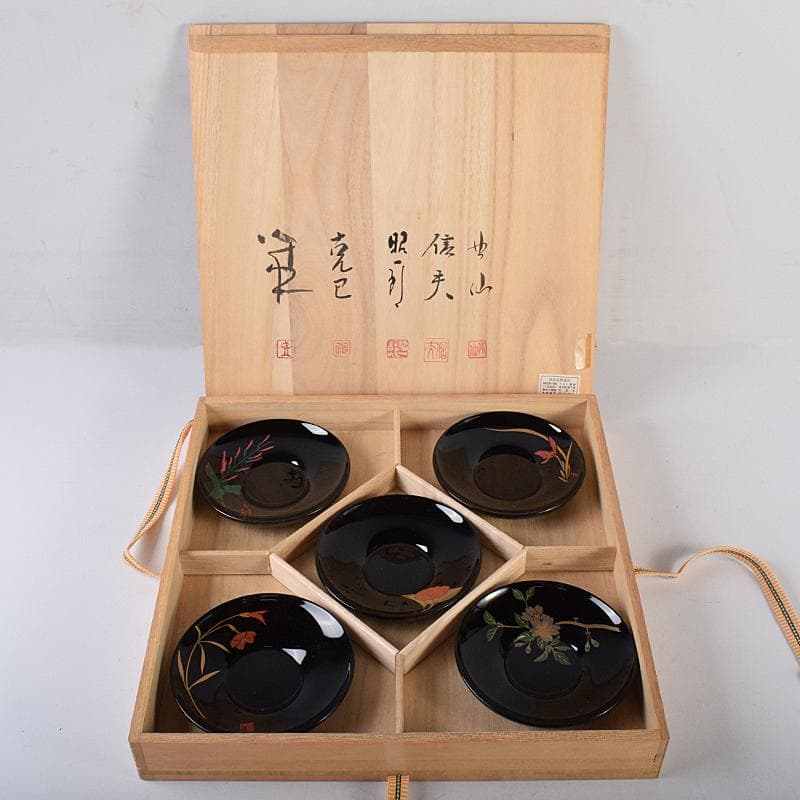 輪島塗　五作家　榎木盛　小森克巳など　草花蒔絵　茶托　五客　共箱　MR8548B