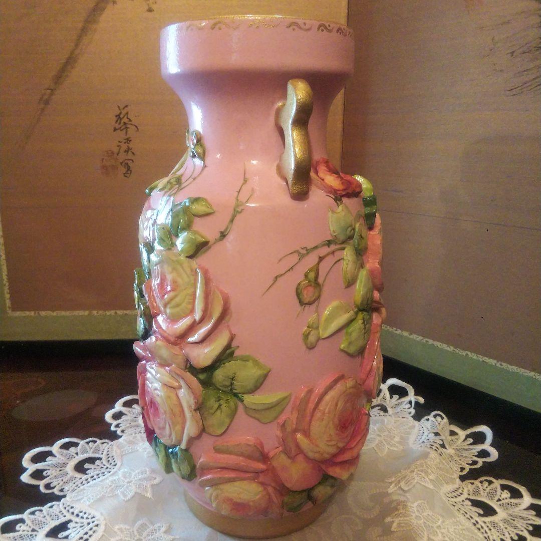 デコパージュ 作家 花瓶 特大 バラ ピンク ゴールド