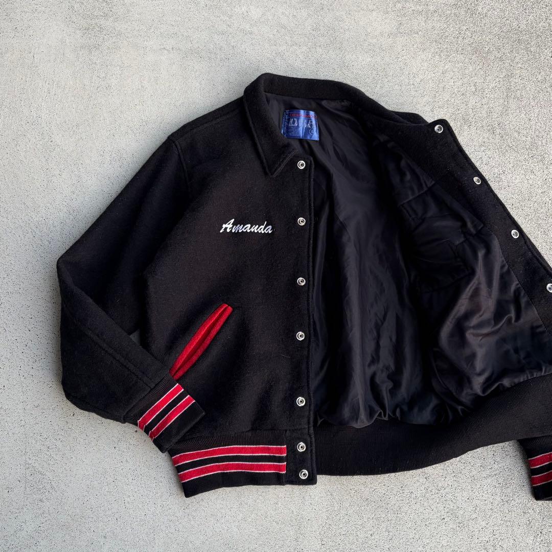 USA製 90s ヴィンテージ古着 メルトンウールスタジャン 短丈ブルゾン 黒赤