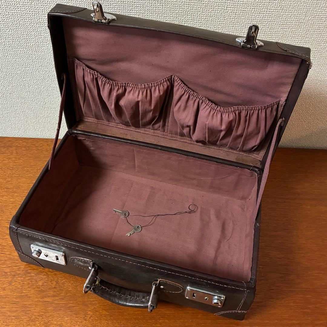 美品 トランク ダークブラウン 革製 ヴィンテージ アンティーク 鍵付き カバン