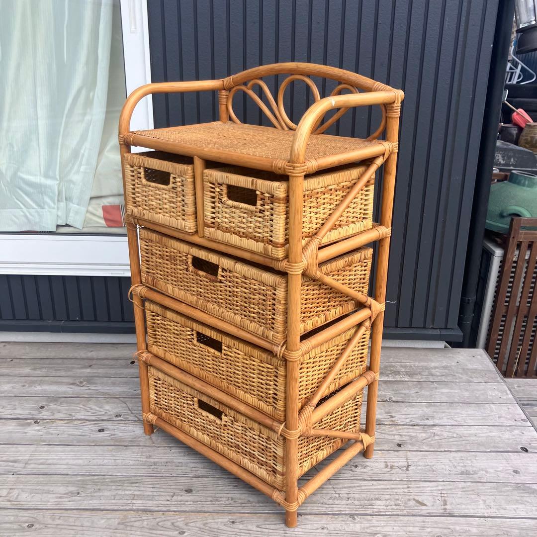 昭和レトロ ラタンチェスト 収納4段5杯 引き出し箪笥 古家具 ビンテージ