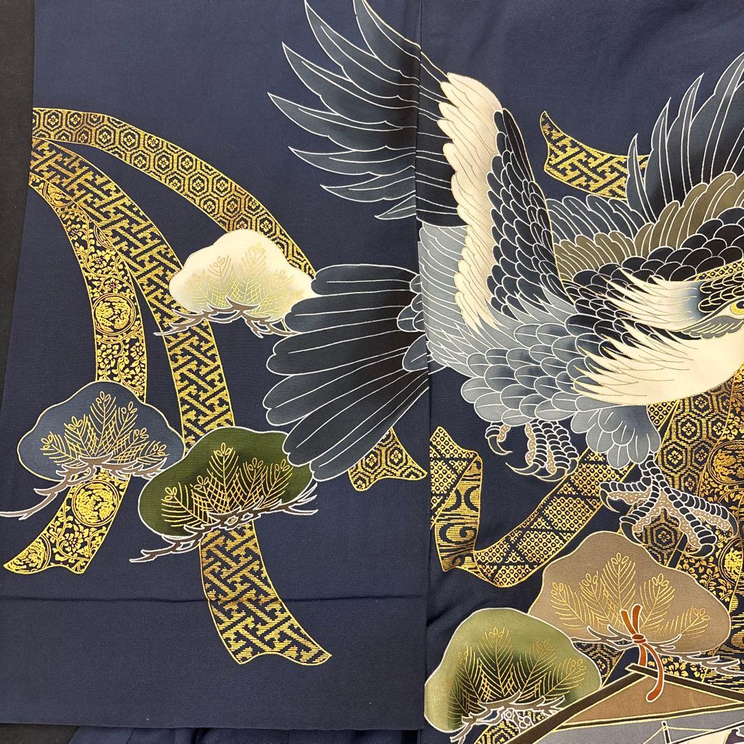 マー君新品男子正絹祝着京友禅大鷹多色手描き染、特選豪華金彩熨斗宝船大王松文