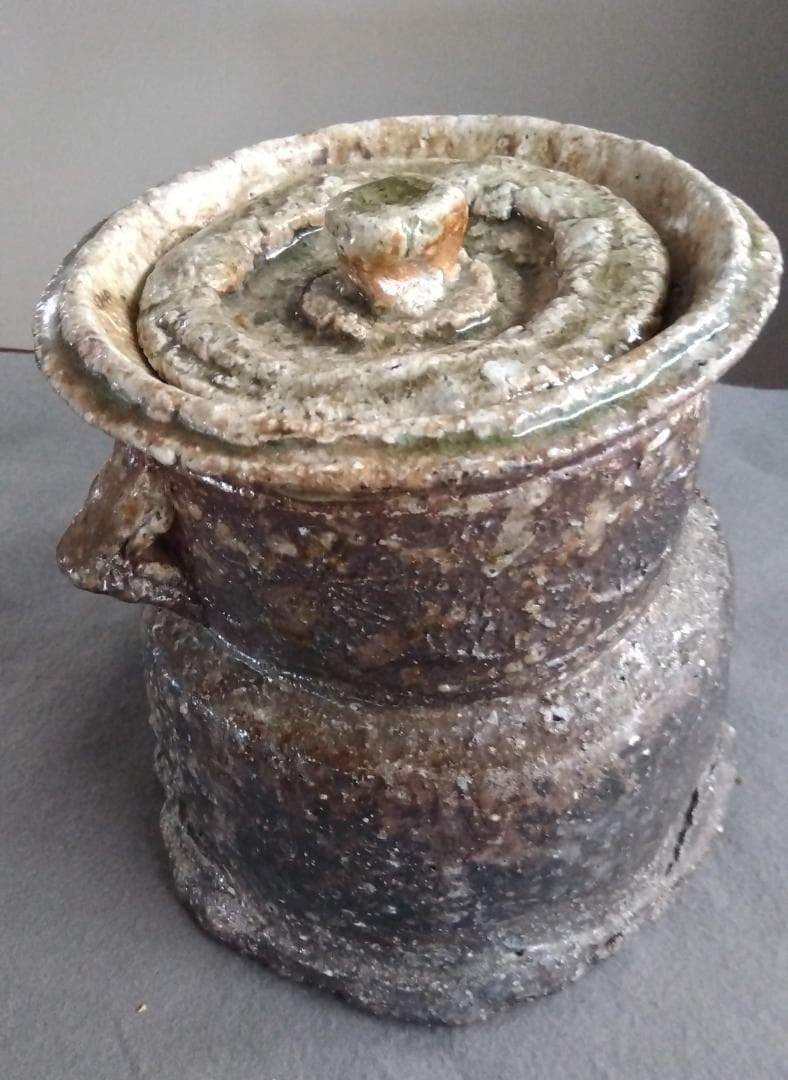 信楽焼　自然灰釉究極美逸品　谷清右衛門　茶道具伊賀写 双耳水指 塗蓋 付　共箱