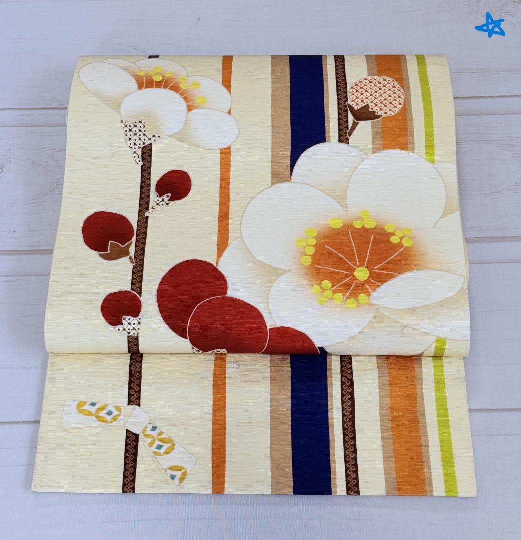 帯７　WA.KKA　梅の花・枝とおみくじ京袋帯　アイボリー系　約３７６×３１