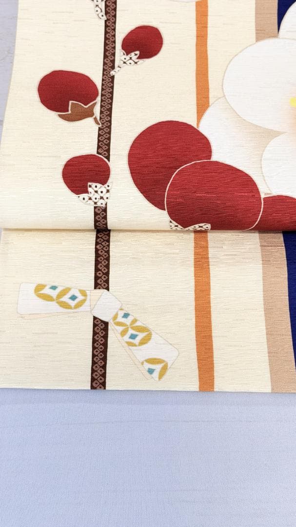 帯７　WA.KKA　梅の花・枝とおみくじ京袋帯　アイボリー系　約３７６×３１