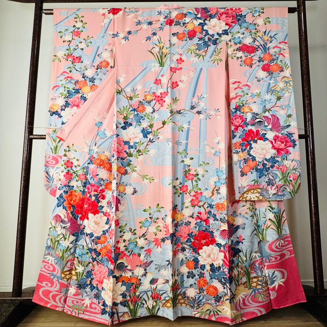 美品　現代　振袖　成人式　着物　正絹　164.5裄67 ピンク　水色　紅色　花柄