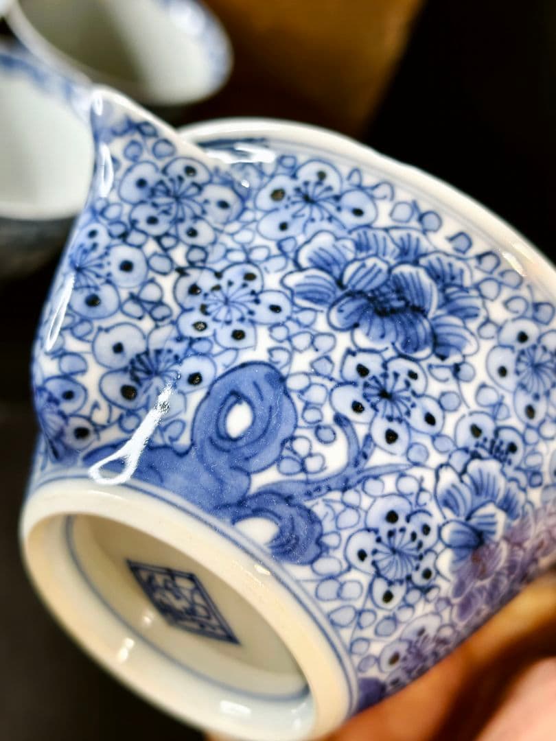 煎茶道具 京焼/清水焼 平安吉兆 染付薄手玉露茶器 手書き花文 共箱 舟型湯冷し