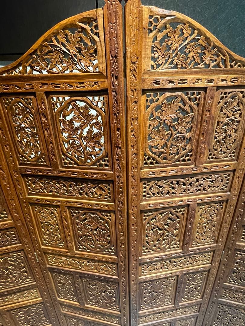 ★木製透かし彫り 4連パーテーションアジアン 衝立木製彫刻パーテーション