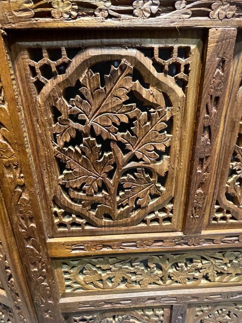 ★木製透かし彫り 4連パーテーションアジアン 衝立木製彫刻パーテーション