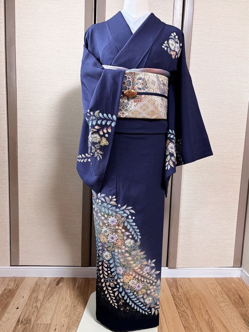 美品　正絹　訪問着　辻が花　翠山工房　裄68 卒業式　入学式　M L 紺