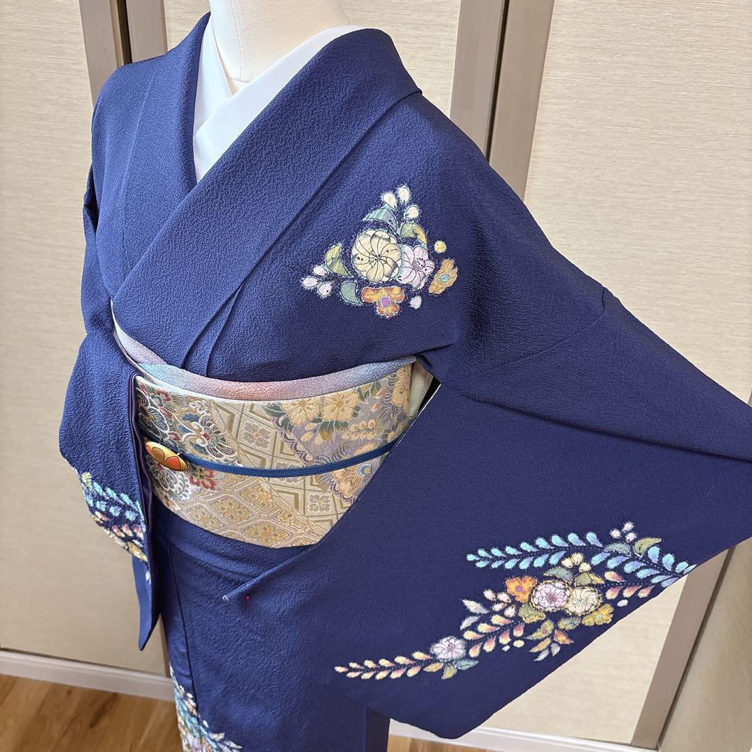 美品　正絹　訪問着　辻が花　翠山工房　裄68 卒業式　入学式　M L 紺