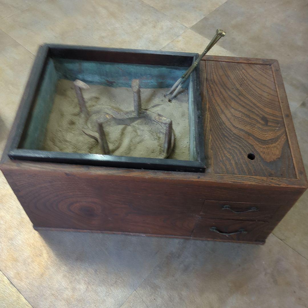 骨董 長火鉢 瓢箪五徳、火箸、灰付き 引き出し 関東火鉢 小振り