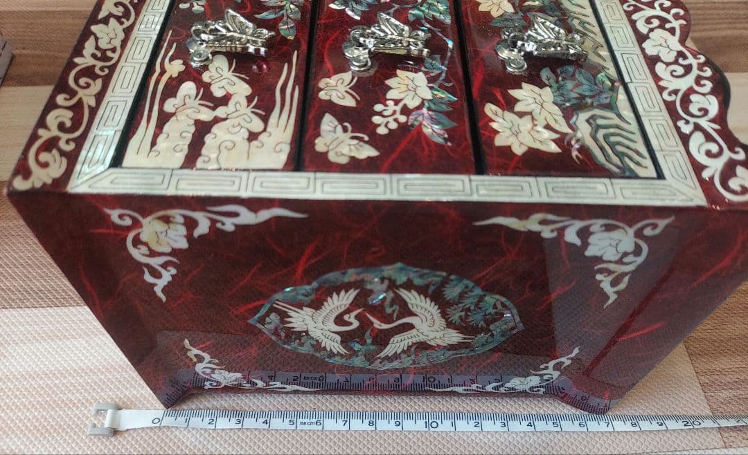 韓国 螺鈿 宝石箱 鶴花蝶 3段 引き出し ジュエリーボックス