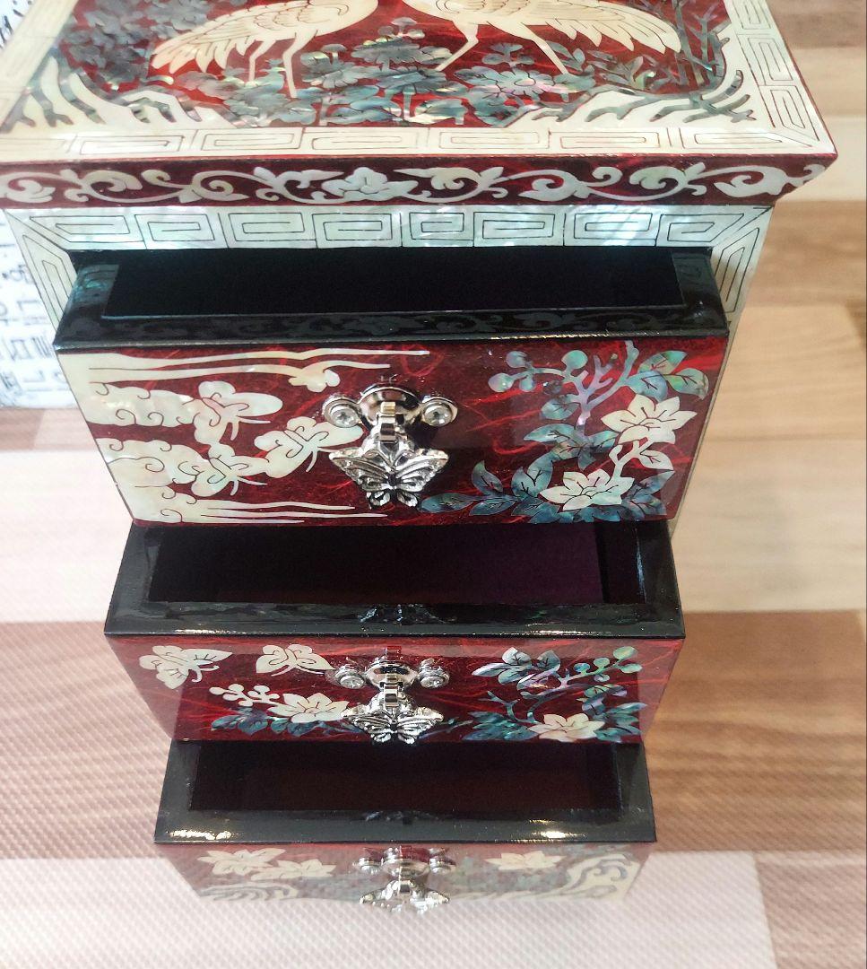 韓国 螺鈿 宝石箱 鶴花蝶 3段 引き出し ジュエリーボックス