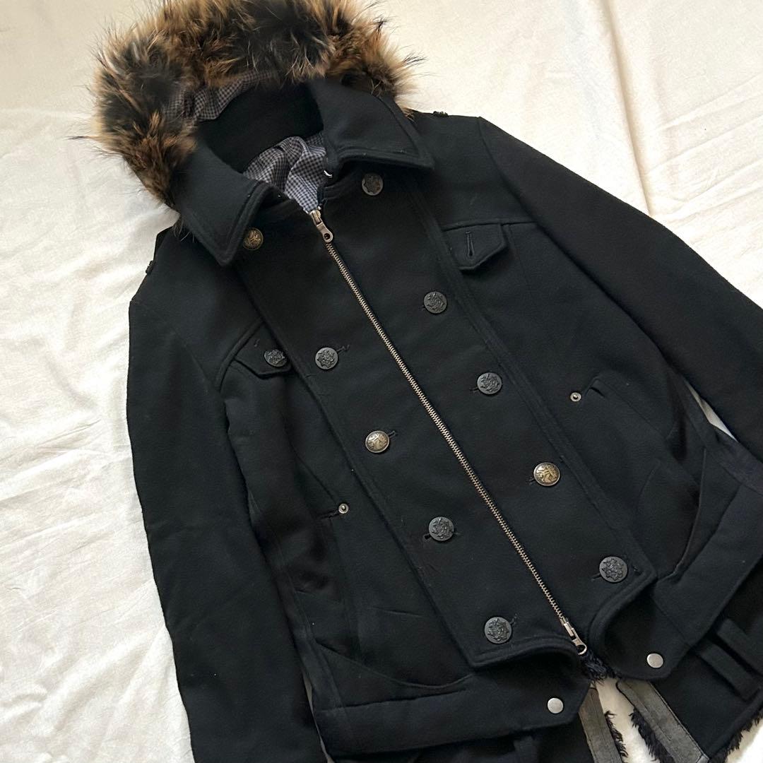 PPFM ナポレオンジャケット Pコート リアルファー ブラックy2k 00s