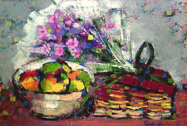 油絵 菅家令子絵 絵画インテリア 額付(白) uF6-062104 花束フルーツ