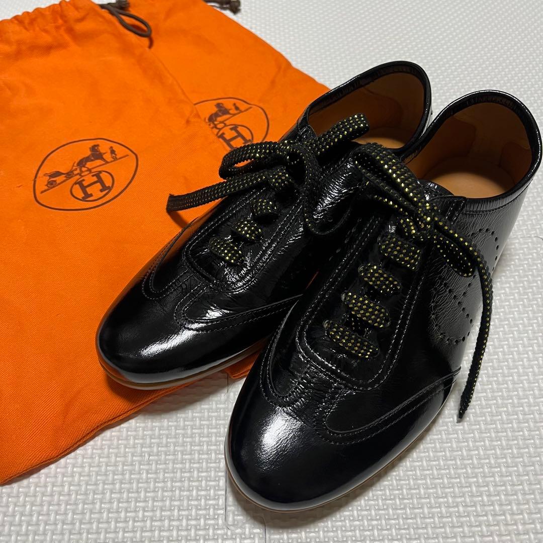 極美品 HERMES エルメス エナメルシューズ 黒 レディース 35 ペタンコ