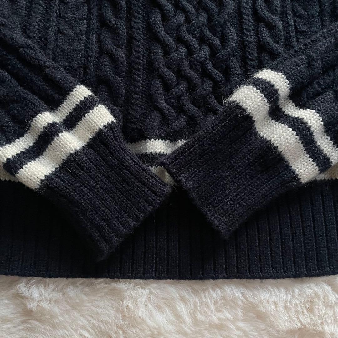 美品　フレッドペリー 表記S ケーブルニット　チルデンニット　ウール　月桂樹　黒