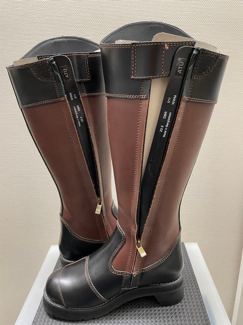 厚底牛革レディースバイク用ロングブーツ