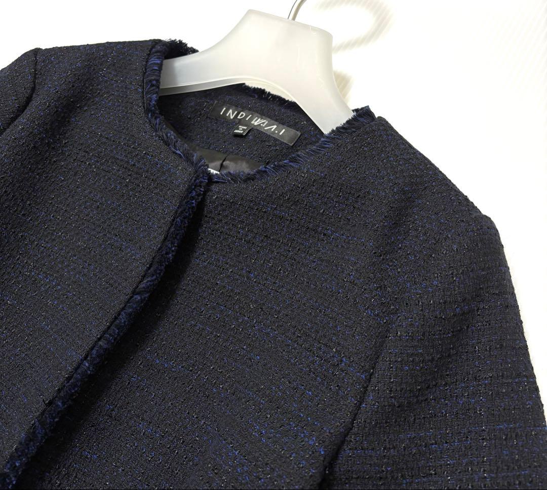 未使用【インディヴィ ヴァイ】ツイード　ノーカラー　ジャケット　ネイビー　ラメ