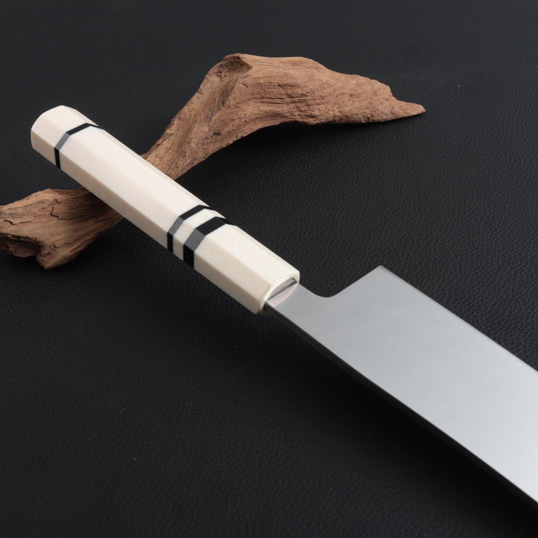 8937 三徳包丁 7寸 刺身包丁 両刃 万能包丁 人工象牙黒三本巻八角柄