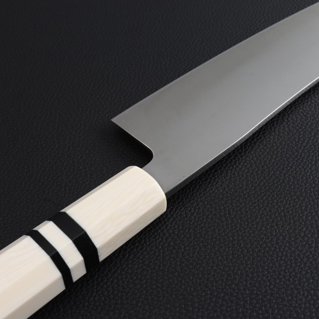 8937 三徳包丁 7寸 刺身包丁 両刃 万能包丁 人工象牙黒三本巻八角柄