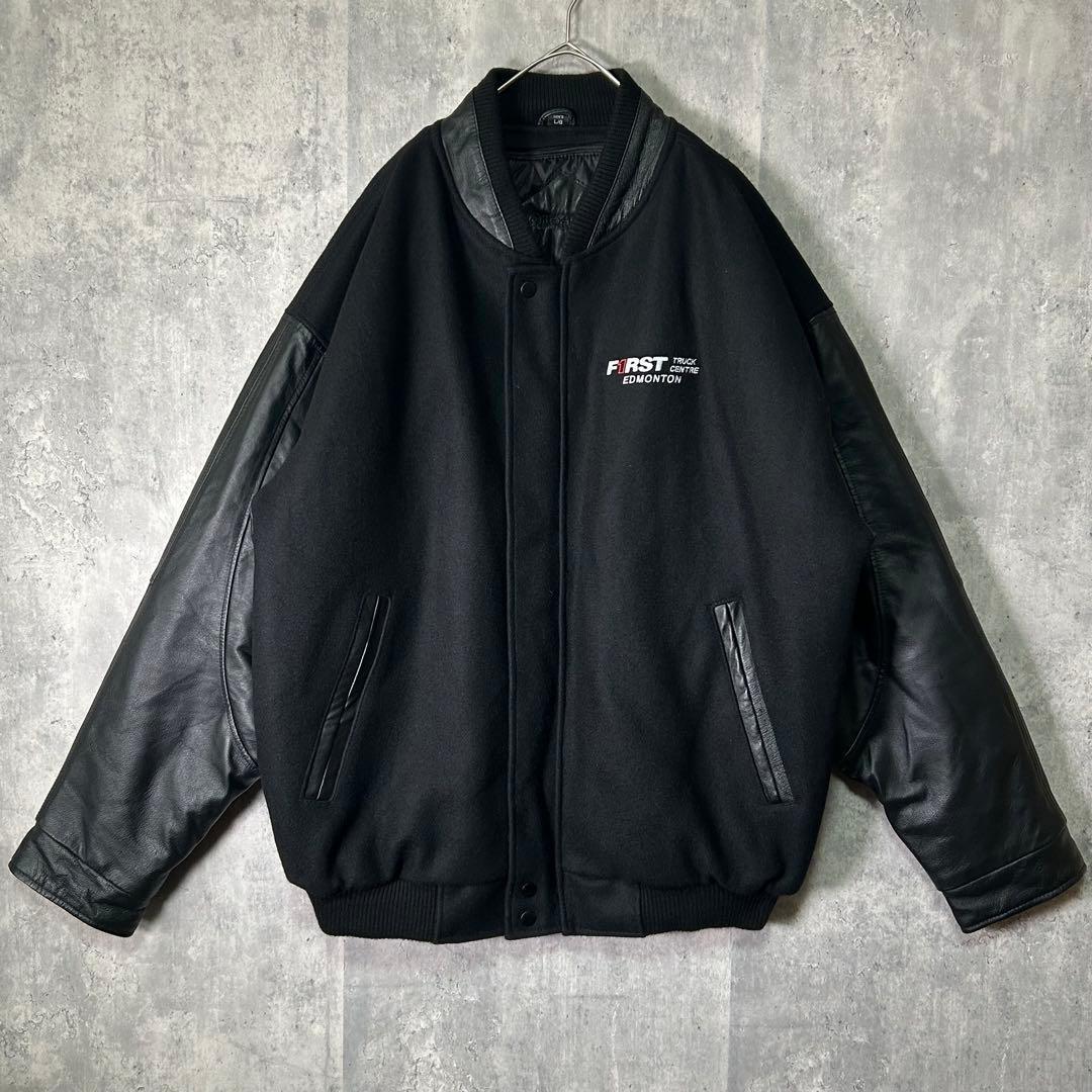 極上 レザー ウール カナダ製 企業刺繍ロゴ スタジャン 中綿 黒 本革